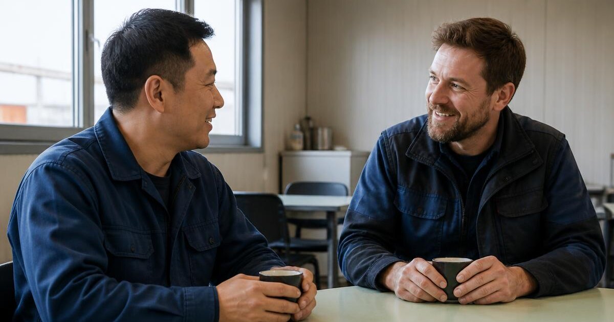 An Asian worker and a Ukrainian colleague talking in a plant break room – Primework Group article graphic